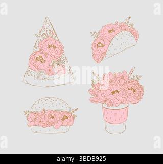 Essen Blumen Illustrationen Stück Pizza, Taco, Burger, Take Away Kaffee Zeichnung in floralem Stil mit Blumen und Blütenblättern auf beigem Hintergrund Stock Vektor