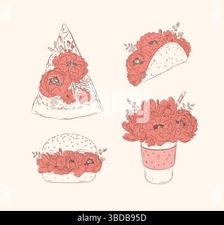 Essen Blumen Illustrationen Stück Pizza, Taco, Burger, Kaffee zum Mitnehmen im Blumenstil mit Blumen und Blütenblättern zeichnen mit Korallen und Braun auf Beige Stock Vektor