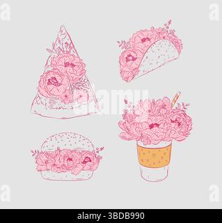 Essen Blumen Illustrationen Stück Pizza, Taco, Burger, Kaffee zum Mitnehmen in Blumenart mit Blumen und Blütenblättern Zeichnung mit Rosa auf beigem Hintergrund Stock Vektor