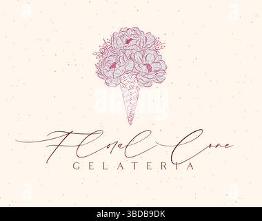 Gelateria-Label-Design mit floraler Kegelzeichnung auf beigefarbenem Hintergrund Stock Vektor