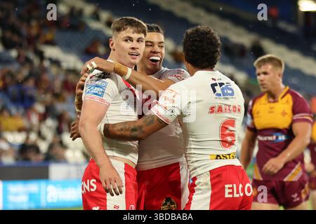 Huddersfield, Großbritannien. Mai 2025. John Smith's Stadium, Huddersfield, West Yorkshire, 23. Mai 2025. Betfred Super League Huddersfield Giants gegen St Helens Jack Welsby von St Helens feiert seinen zweiten Versuch des Spiels gegen Huddersfield Giants Credit: Touchlinepics/Alamy Live News Stockfoto