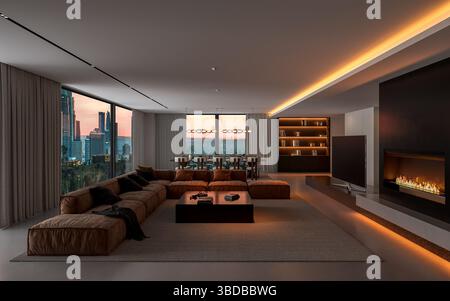 Ein weiter Blick auf das Wohnzimmer am Abend. Ein großes braunes Sofa, ein niedriger Couchtisch und ein Blick auf die Skyline der Stadt durch eine große Glaskuppe Stockfoto