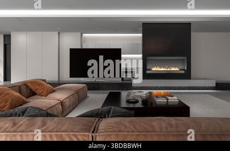 Das Wohnzimmer mit einem modernen Kamin und einem großen Fernseher, der über einer niedrigen Einheit montiert ist. Die Liege ist im Vordergrund sichtbar, wobei die hervorgehoben wird Stockfoto