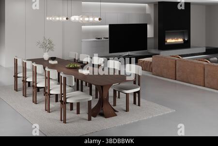 Das Wohnzimmer mit einem modernen Kamin und einem großen Fernseher, der über einer niedrigen Einheit montiert ist. Die Liege ist im Vordergrund sichtbar, wobei die hervorgehoben wird Stockfoto