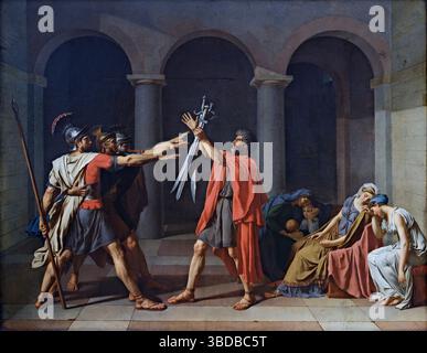 In Rom malte Jacques-Louis David 1784 seinen berühmten Eid der Horatii. In diesem Stück bezieht sich der Künstler auf Werte der Aufklärung, während er auf Rousseaus sozialen Vertrag anspielt. Das republikanische ideal des Generals wurde im Mittelpunkt des Gemäldes, wobei alle drei Söhne in Übereinstimmung mit dem Vater positioniert wurden. Der Eid zwischen den Charakteren kann als ein Akt der Vereinigung der Menschen an die Bindung des Staates gelesen werden. Auch die Frage der Geschlechterrollen wird in diesem Stück deutlich, da die Frauen in Horatii die Gruppe der Brüder stark kontrastieren. David stellt den Vater mit dem Rücken zur Frau dar Stockfoto