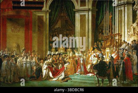Die Krönung Napoleons, der volle offizielle Titel ist die Weihe des Kaisers Napoleon I. und die Krönung der Kaiserin Josephine in der Kathedrale Notre-Dame de Paris am 2. Dezember 1804. Le Sacre de Napoléon (französisch: Le Sacre de Napoléon) ist ein Gemälde, das 1807 von Jacques-Louis David, dem offiziellen Maler Napoleons, fertiggestellt wurde und die Krönung Napoleons in Notre-Dame de Paris darstellt. Das Ölgemälde hat imposante Dimensionen – es ist fast 10 Meter 33 breit und etwas mehr als 6 Meter hoch. Das Werk ist im Louvre in Paris zu sehen. Stockfoto