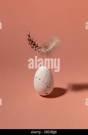 Wachtelei mit Feder. Happy Easter-Konzept. Minimalistische Komposition Stockfoto