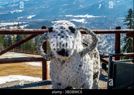 Dekorative Schafskulptur aus künstlichen Materialien mit Blick auf die Stadt Zakopane und die Tatra, Polen Stockfoto