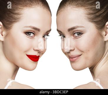 Vergleichsprofil der jungen Frau mit und ohne Make-up Stockfoto