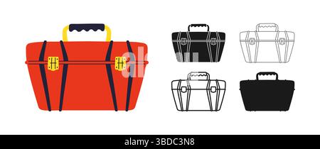 Symbolsatz Toolbox. Moderner Kunststoff-Werkzeugkasten für Reparaturwerkzeuge Bauherr Mechaniker Klempner Schreinerei. Werkzeugbehälter Zeichen professionelle Konstruktion stilisierte einfache Design Element Vektor Illustration Stock Vektor