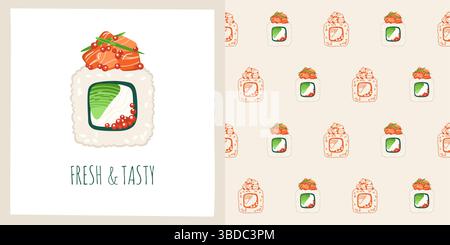 Sushi-Rolle mit nahtlosem Cartoon-Muster aus Reis und Lachs. Traditionelles asiatisches japanisches Essen grenzenloser Hintergrund. Sushi Meeresfrüchte endloses Vektor-Design für Druck Stoff Textil Wrapper Hintergrund Vorlage Stock Vektor