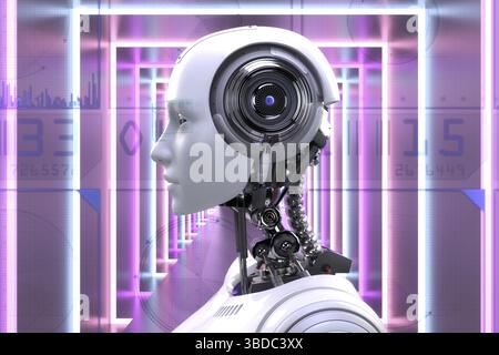 Künstlerische 3D-Darstellung eines Cyborgs mit künstlicher Intelligenz Stockfoto