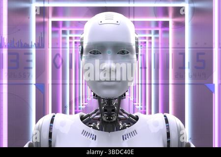 Künstlerische 3D-Darstellung eines Cyborgs mit künstlicher Intelligenz Stockfoto