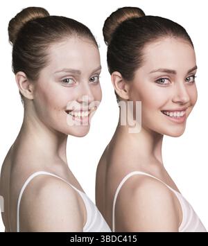 Vergleich-Porträt einer Frau ohne und mit Make-up Stockfoto