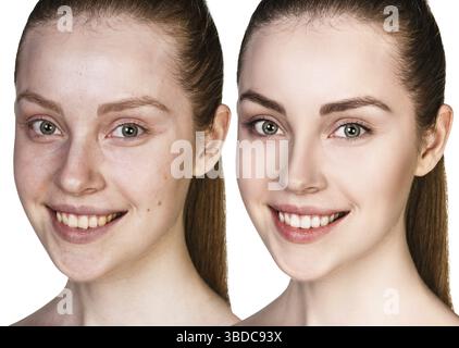 Vergleich-Porträt der jungen Frau ohne und mit Make-up Stockfoto