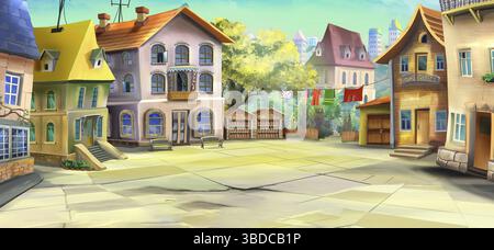 Großer Innenhof im Stadtviertel an einem sonnigen Tag. Digitale Malerei Hintergrund, Illustration, Ukraine Stockfoto