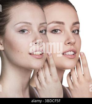 Vergleich-Porträt einer Frau ohne und mit Make-up Stockfoto