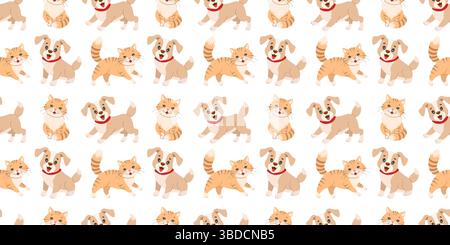 Bezauberndes nahtloses Muster mit verspielten Katzen und Hunden in verschiedenen Posen, perfekt für Tiermotive oder Hintergründe. Stock Vektor