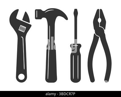 Vector Tools Logo-Kollektion. Symbolsatz des Werkzeugs. Arbeitswerkzeuge. Symbole für Werkzeugsatz. Isoliert auf weißem Hintergrund. Stock Vektor