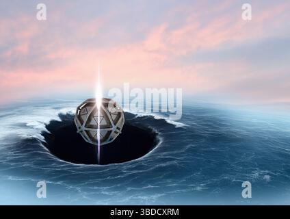Abbildung eines unbekannten Luftphänomens (UAP), das aus einem Ozean auftaucht. Stockfoto