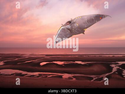 Darstellung eines unbekannten Luftphänomens (UAP) über einer Uferlinie. Stockfoto