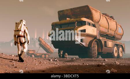 Abbildung von Fahrzeugen zum Transport von Erzen auf der Mars-Oberfläche. Bergbaubetriebe könnten in Zukunft auf dem Mars alltäglich werden, wenn (oder wenn) Menschen dort zu leben begonnen haben. Stockfoto