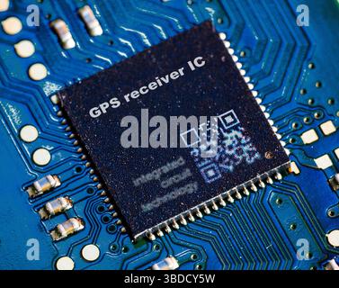 GPS-Empfänger-Mikrochip (Global Positioning System). Verarbeitet Satellitensignale zur Standortbestimmung. Stockfoto