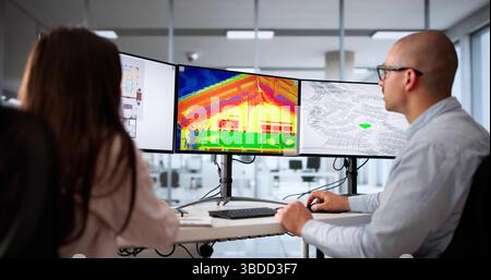 Analyse der Wärmebildkamera auf Wärmeverluste in Einem Wohneigentum Stockfoto