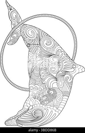 Schwarz-weiße Strichgrafik-Illustration eines Delfins in einem komplizierten zentangle- und Mandala-Muster mit kreisförmiger Umrandung. Perfekt für Stock Vektor