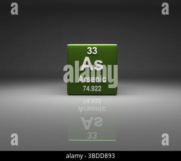 Würfel mit arsischer Zahl 33 Periodensystem, 3D Rendering Stockfoto