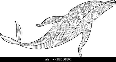 Detaillierte Strichgrafik-Illustration eines springenden Delfins mit komplexen Mustern, die von zentangle und Mandala inspiriert sind. Perfekt für Malbücher für Erwachsene, g Stock Vektor