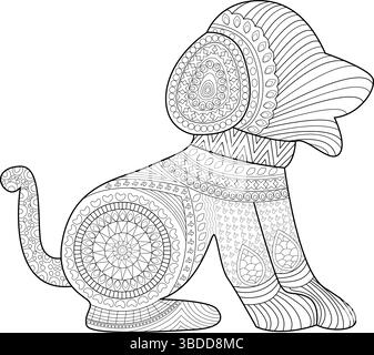 Eine komplizierte schwarz-weiße Linienzeichnung eines sitzenden Hundes mit detaillierten Mustern und Mandalas im zentangle-Stil, perfekt für die Färbung von Erwachsenen Stock Vektor