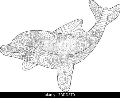 Detaillierte schwarz-weiße Umrissdarstellung eines Delfins mit komplexen, von zentangle und Mandala inspirierten Mustern. Perfekt zum Ausmalen von Büchern, g Stock Vektor