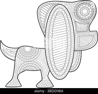 Eine detaillierte schwarz-weiße Strichgrafik-Illustration eines stilisierten Hundes mit komplizierten Mustern, geometrischen Formen, Mandalas und floralen Elementen. Pe Stock Vektor