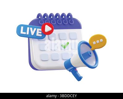 Callender mit Megaphon-Symbol rechts markiert am Live-Event-Datum 3D-Rendering-Konzept der Notfallplaner-Icon-Vektor-Illustration Stock Vektor