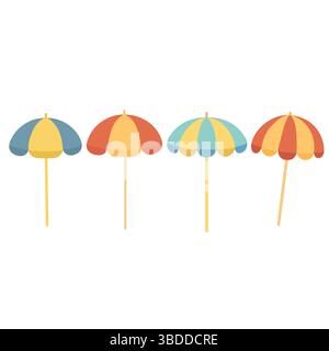 Flache Strandschirme in verschiedenen Winkeln, bunte Vektorsymbole Stock Vektor