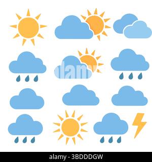 Ein umfassendes Set von Wettersymbolen für verschiedene Bedingungen und Prognosen verfügbar Stock Vektor