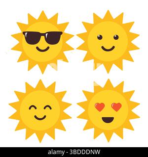 Fröhliche und helle Sonnensymbole mit verschiedenen lustigen Ausdrücken für perfekte Sommerstimmung Stock Vektor