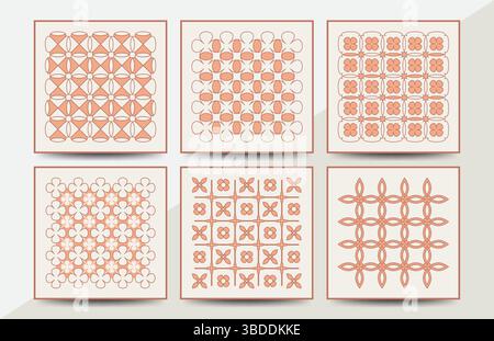 Ein Set aus 6 nahtlosen geometrischen Retro-Blumenmustern in sanften Orange-Tönen. Ideal für Textilien, Tapeten, digitales Scrapbooking oder Verpackungsdesign Stock Vektor