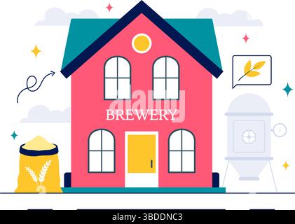 Brauerei-Produktionsprozess Vektor-Illustration mit Biertanks und Flaschen gefüllt mit alkoholischen Getränken für die Gärung in einem flachen Hintergrund Stock Vektor