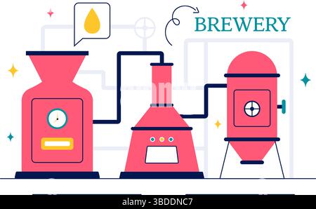 Brauerei-Produktionsprozess Vektor-Illustration mit Biertanks und Flaschen gefüllt mit alkoholischen Getränken für die Gärung in einem flachen Hintergrund Stock Vektor