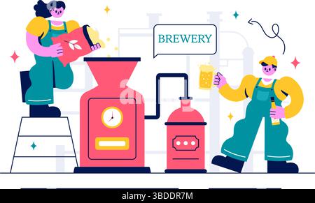 Brauerei-Produktionsprozess Vektor-Illustration mit Biertanks und Flaschen gefüllt mit alkoholischen Getränken für die Gärung in einem flachen Hintergrund Stock Vektor