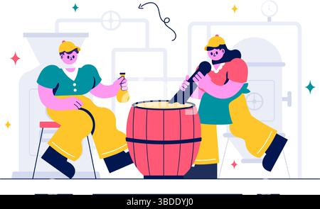 Brauerei-Produktionsprozess Vektor-Illustration mit Biertanks und Flaschen gefüllt mit alkoholischen Getränken für die Gärung in einem flachen Hintergrund Stock Vektor