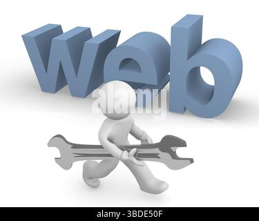 Service-Tool für Internet, kleiner Mann mit einem Schraubenschlüssel, 3D-Rendering Stockfoto