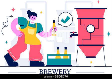 Brauerei-Produktionsprozess Vektor-Illustration mit Biertanks und Flaschen gefüllt mit alkoholischen Getränken für die Gärung in einem flachen Hintergrund Stock Vektor