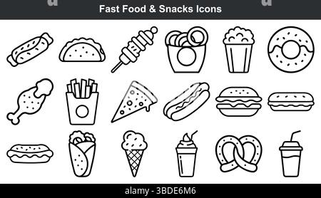 Ikonen für Fast Food-Snacks zeichnen sich durch ein grafisches Design aus Stock Vektor