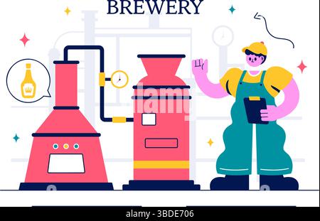 Brauerei-Produktionsprozess Vektor-Illustration mit Biertanks und Flaschen gefüllt mit alkoholischen Getränken für die Gärung in einem flachen Hintergrund Stock Vektor