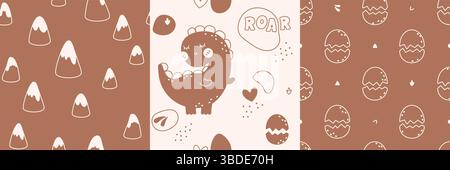 Ein Set süßer nahtloser Muster für Kinder, gezeichnet in neutralen Pastellfarben, mit Dinosaurier, Dino-Ei, Brüllen, Linien, Herzen und Bergen. Stock Vektor