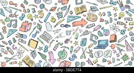 Vektor Hintergrund Kritzelei Zeichentricksatz von Schulobjekten und -Symbolen. Vektorabbildung Stock Vektor