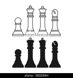 Minimalistische Schachfiguren in flachem Schwarz und Outline-Stil. Strategie-Schachstück-Symbole auf weißem Hintergrund. Stock Vektor
